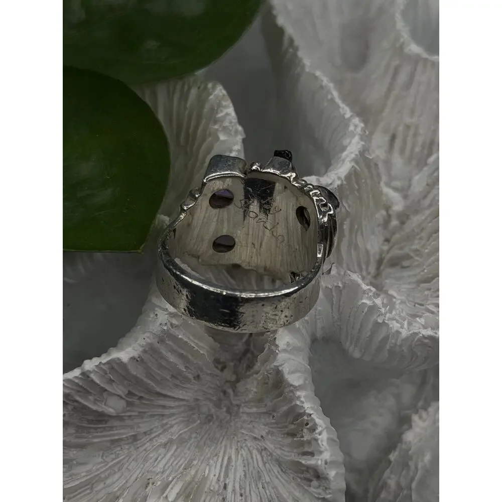 Unique Design Vintage 925 Sterling Silver Amethyst, Onyx & Peridot Ring Size 7